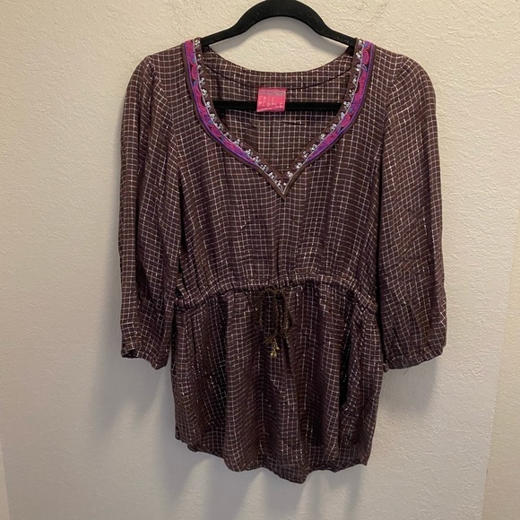 Free People Bohemian Style Embroidered V-Neck Sequined Blouse - Picture 1 of 8